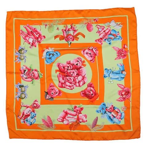 Hermes authentic scarf teddy bear orange multicolor silk size 35 .